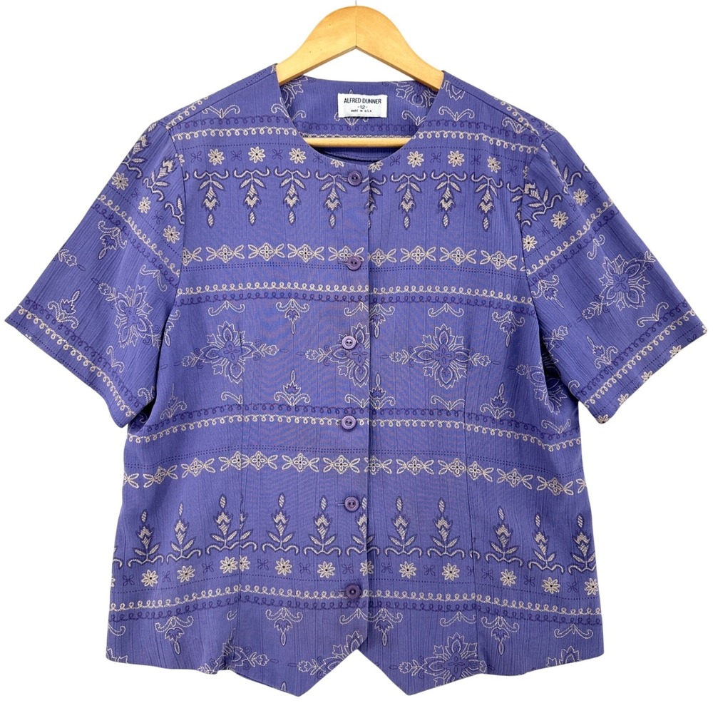 VTG Alfred Dunner Embroidered Short Sleeve Button Up Top Purple Womens 12 Artsy